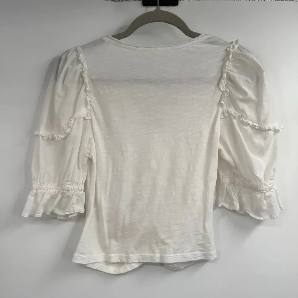 Anthropologie 100% Cotton Blouse Top Womens XS White Puff Sleeve V-Neck Ruffle